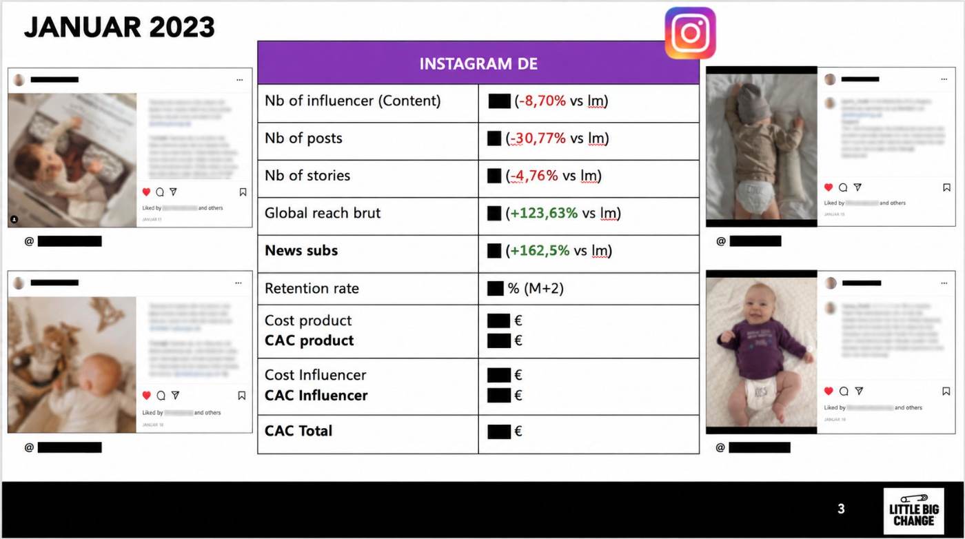 Monatliches Instagram-Reporting mit anonymisierten KPIs zu Reichweite, Posts und CAC neben Beispiel-Posts